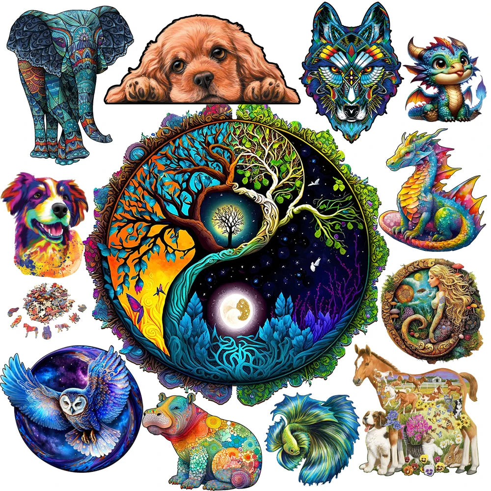 Diy wood jigsaw for kids adult yinyang tree elephant wooden animal puzzle high quality hippopotamus puzzles brain