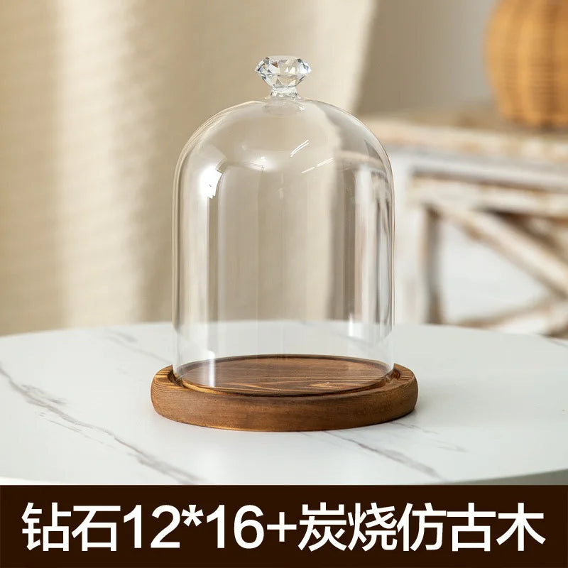 Aromatherapy candle holder ornaments dust-proof glass cover wooden base display box home decoration - diamond 16cm