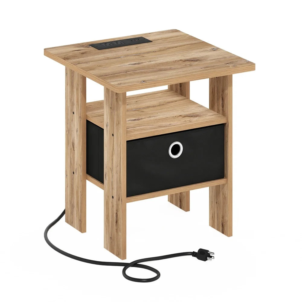 Usb type-c charging end table with storage basket nightstand living room bedroom modern design durable wood