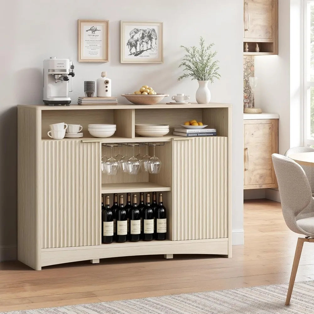 Modern coffee bar cabinet with storage fluted wood buffet sideboard wine and glass rack liquor adjustable