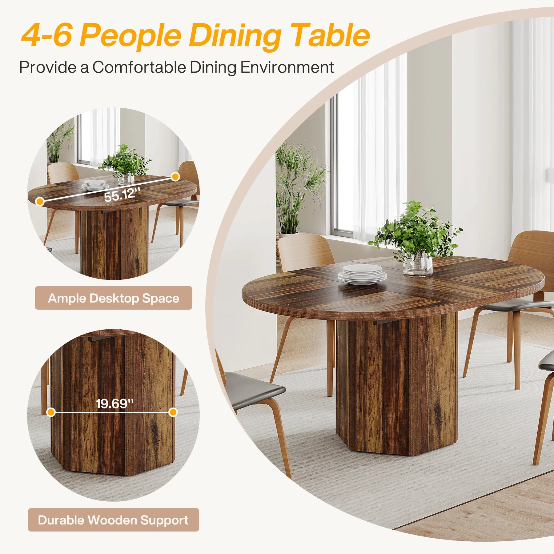 Tribesigns 55.12 inches oval dining table for 4-6 people wood kitchen rustic dinner room home furniture - brown