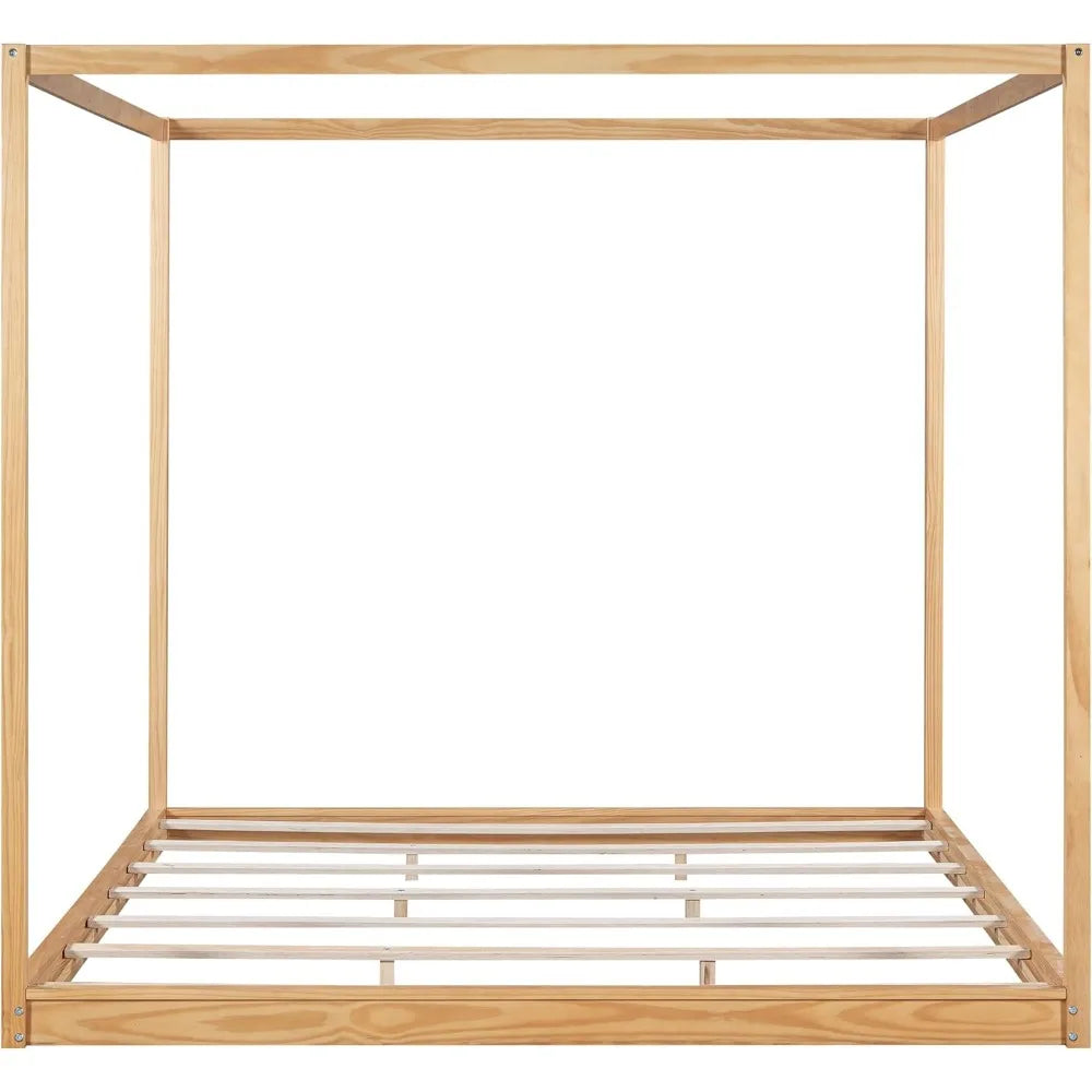King size canopy platform bed frame with support legs no box spring needed 700 lbs weight capacity (natural)