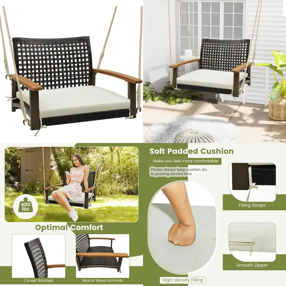 1-person outdoor rattan swing chair with cushion single bench featuring acacia wood armrests and hanging hemp rope