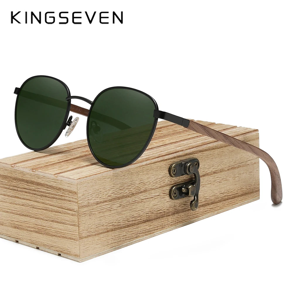 Kingseven round walnut wooden sunglasses for men polarized uv400 protection lens retro eyewear women handmade vacation