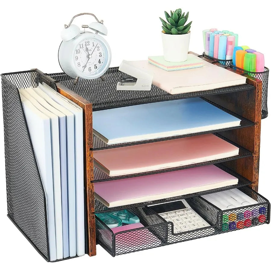 Wood desk organizers and accessories with file organizer 5-tier paper drawer pen holder for efficient office wor