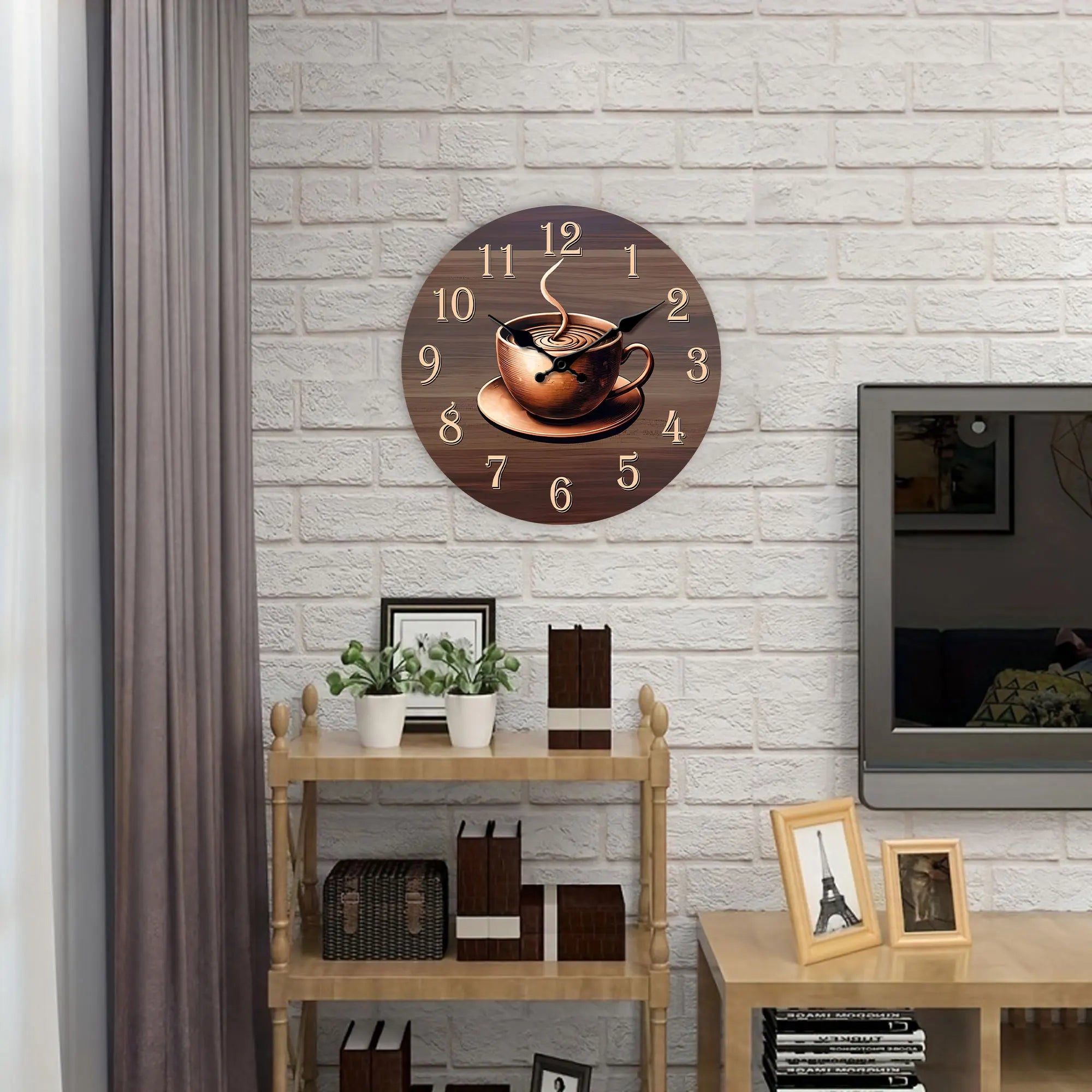 1pc golden coffee theme wooden wall clock round silent suitable for decorating living room bedroom dining kitche