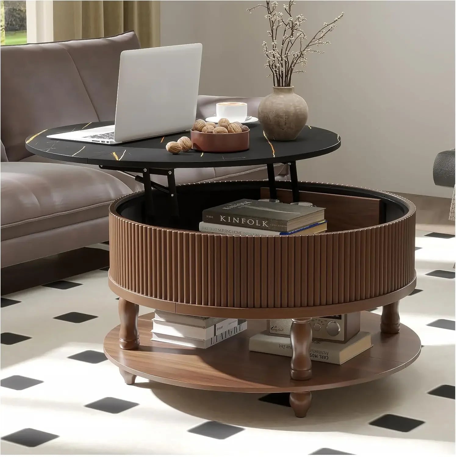 Round coffee table with storage,mid century modern sliding cabinet door,wood for living room - marble walnut / united
