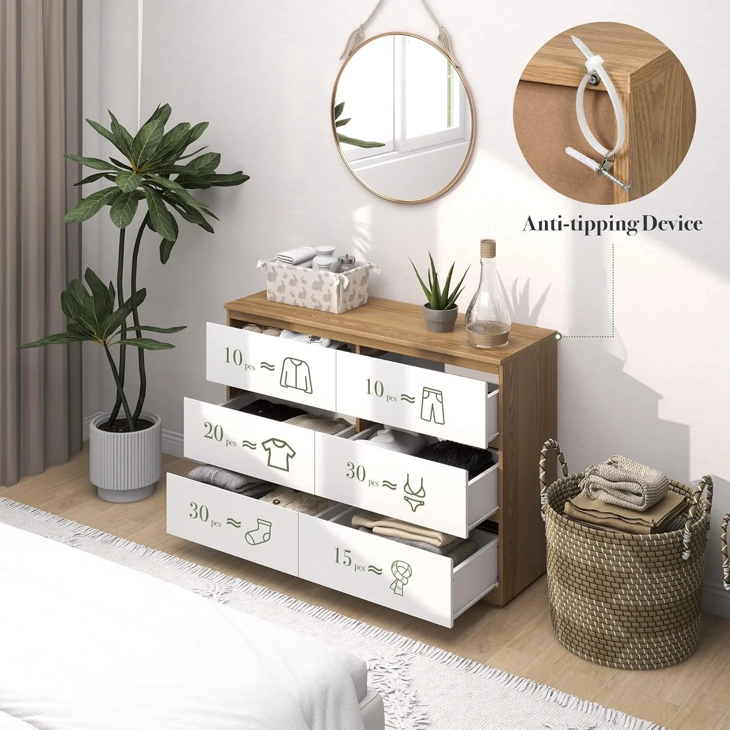 6 drawer double dresser for bedroom white wooden dressers with deep drawers modern chests of drawers, - natural