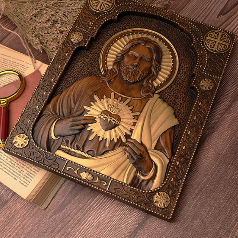 Handmade wooden sacred heart statue - religious wall art plaque catholic christian home decor church altar wood carving