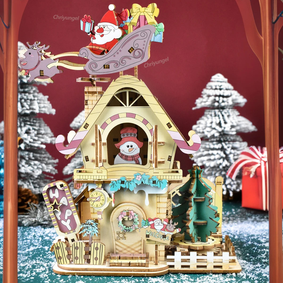 Chriyungel christmas music box diy assembly 3d wooden puzzles rotating model building kits decor xmas gift for adults