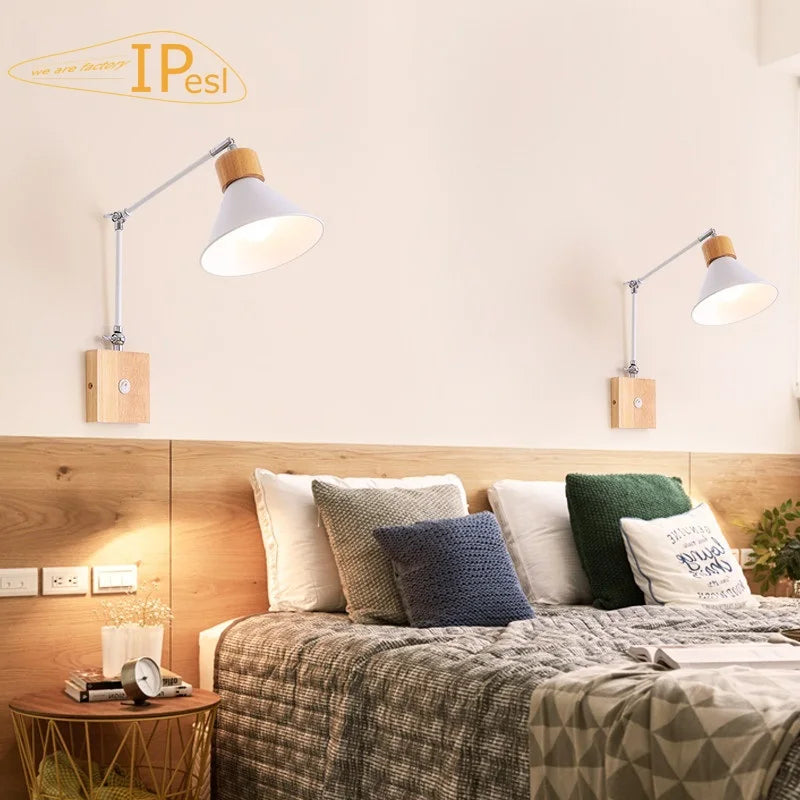 Modern nordic wood wall lamp with switch bedhead bedside lights adjustable bedroom room home decoration e27 110v 220v