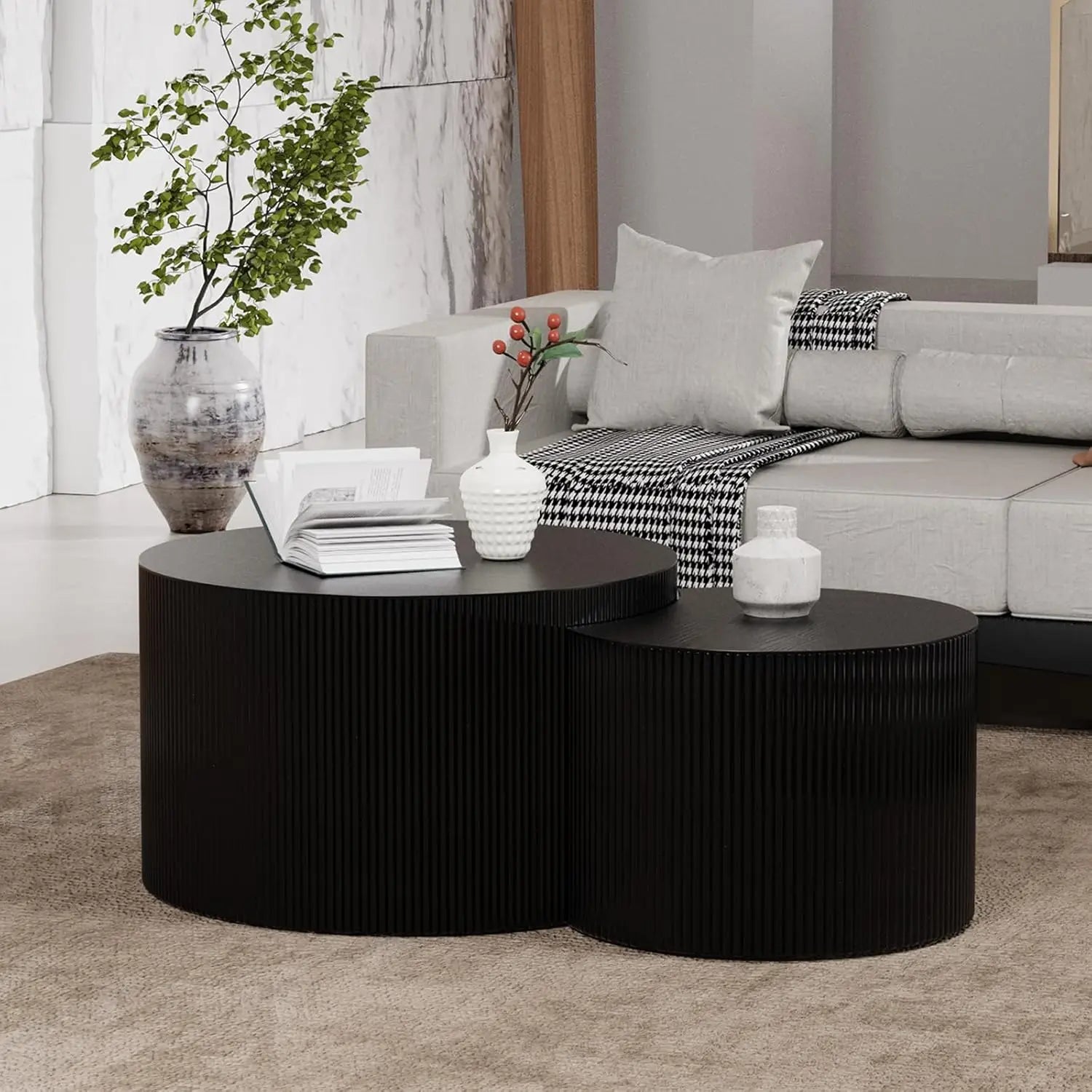 Handcraft round nesting coffee table - chic wave stripe edge modern stylish walnut wooden circle fluted center