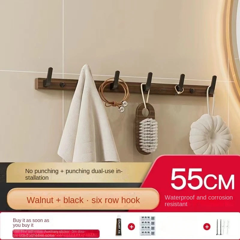 Walnut wood clothes hanging hook without punching wall cap holder door key - black-6 hooks