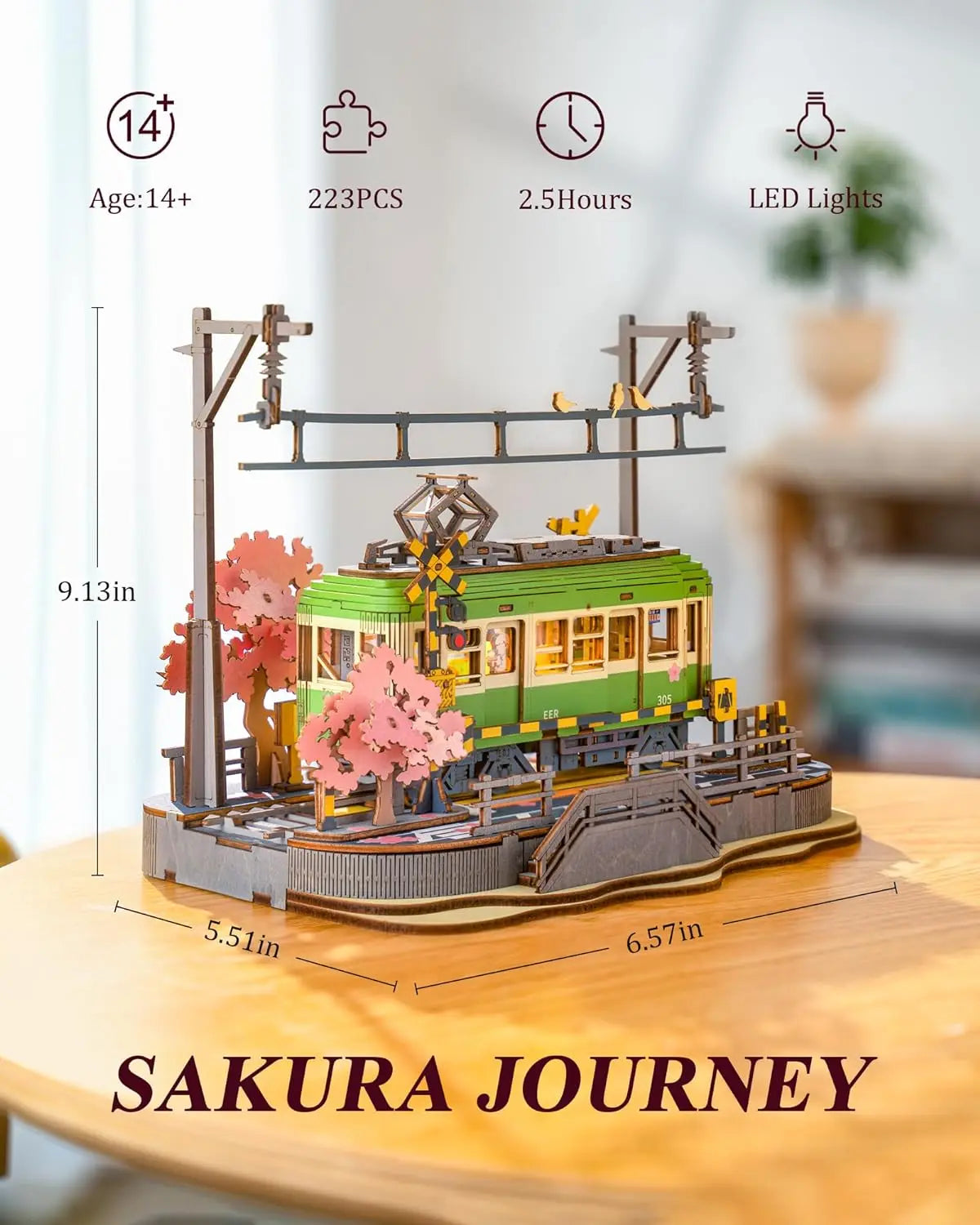 Robotime 3d puzzles sakura journey diy model building toy with led light wooden craft kits tram hobby for kids brain