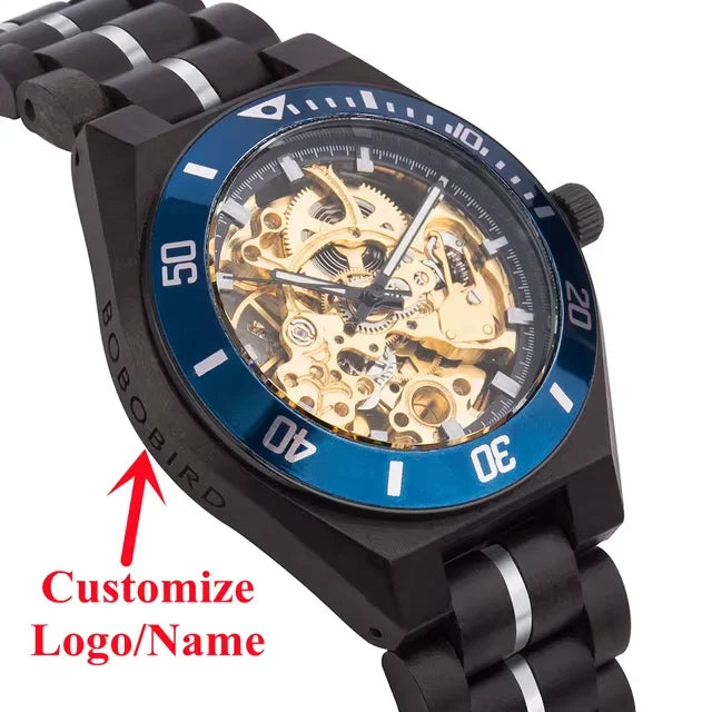 Wooden automatic mechanical watch men wristwatch bobo bird top fashion luminous hands clock custom gift box relogio