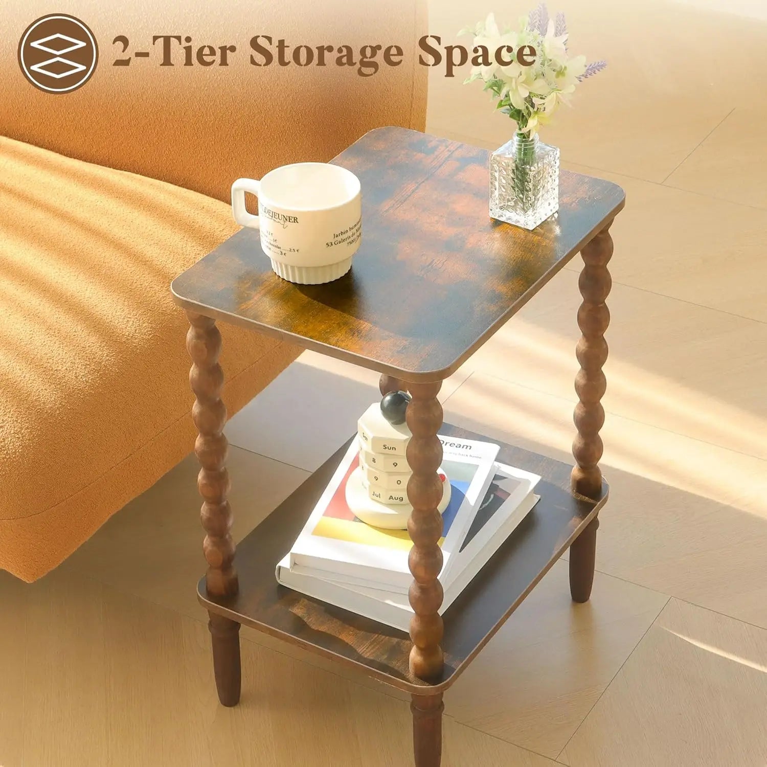 Side table small end with storage shelf 2-tier coffee tables living room for bedroom narrow spaces(rustic brown)