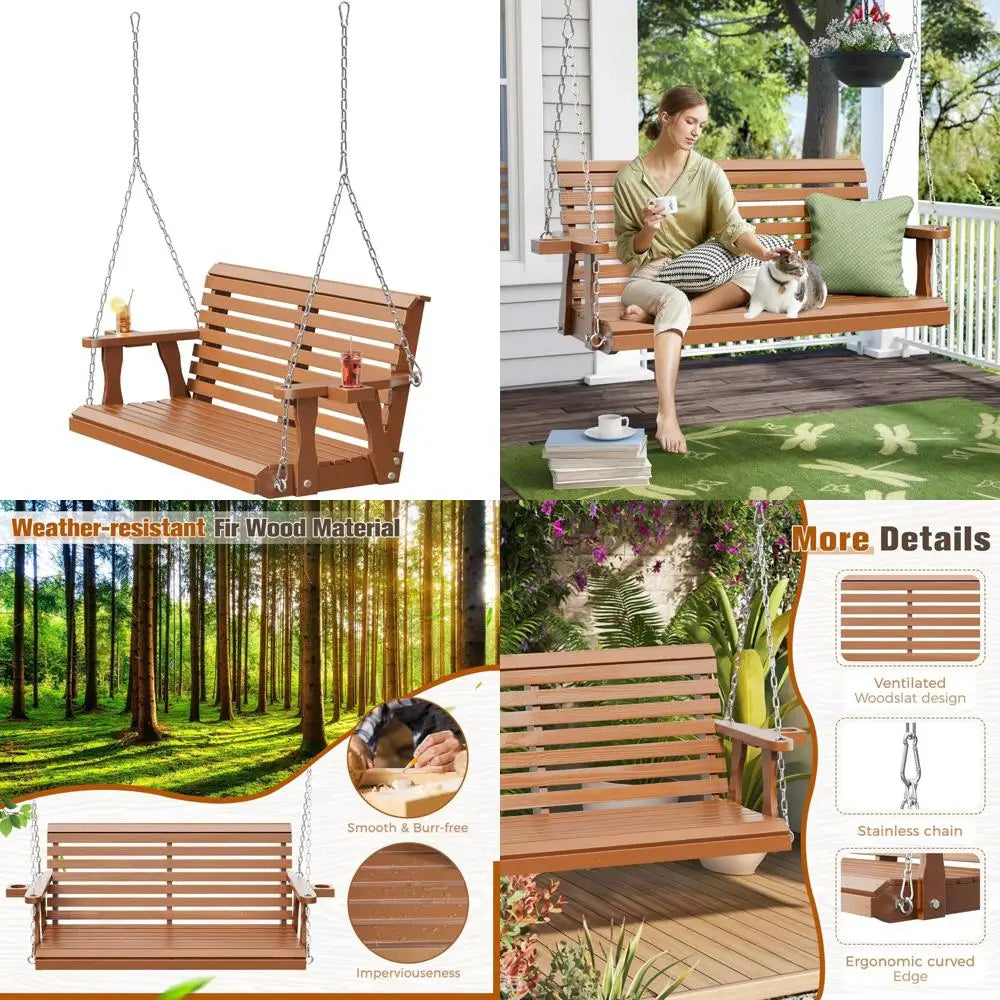 Outdoor porch swing bench with cup holders - 2-seater wooden for patio garden backyard comfort - united states / brown