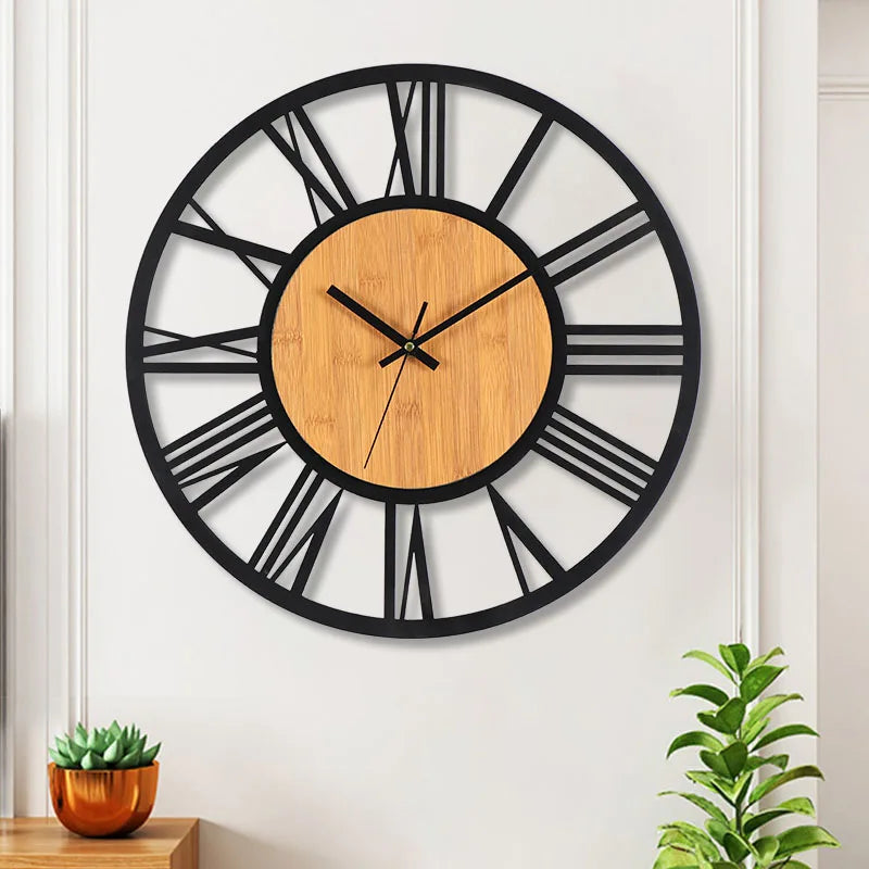 3d large wall clocks nordic roman numerals retro round wood metal iron accurate silent hanging ornament living room