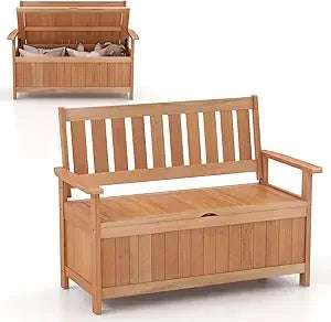48 inch patio storage bench wood loveseat with 34.2 gal inner space entryway large deck box w/slatted backrest woode