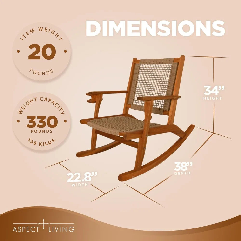 Natural finish wooden rocking chair with beverage holder for outdoor use: ideal patio poolside backyard and garden