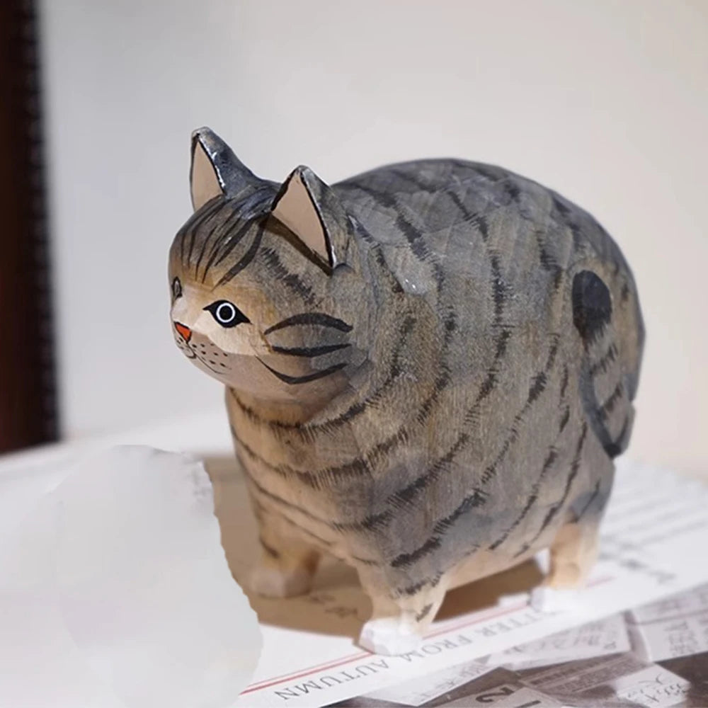 Christmas decoration cat figurine handmade wood carving dog ornaments kitten sculpture decor for home office desk