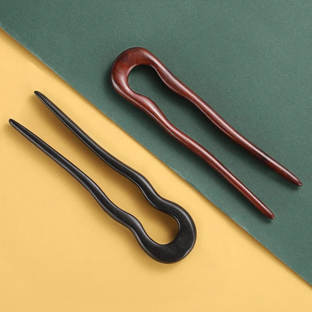 Noverlife 2pcs wooden u shaped hairpins for long hair handmade french stick vintage 2-prong wave forks ebony - united