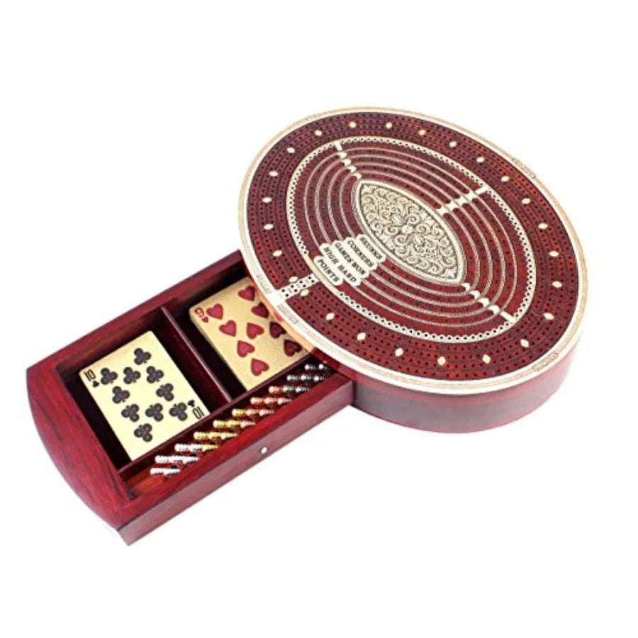 Oval shape 4 tracks continuous cribbage board and box in bloodwood maple with place for skunks corners won games high