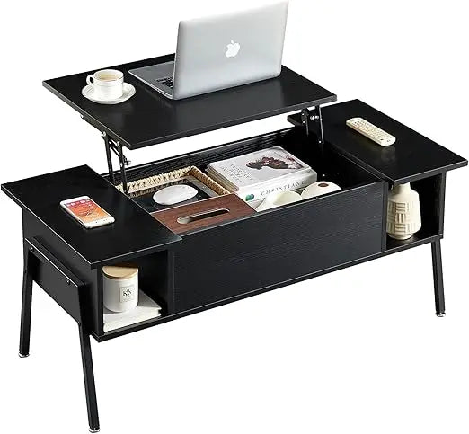 Wood lift top coffee table with hidden compartment and storage shelf for living room/office reception rising tabletop