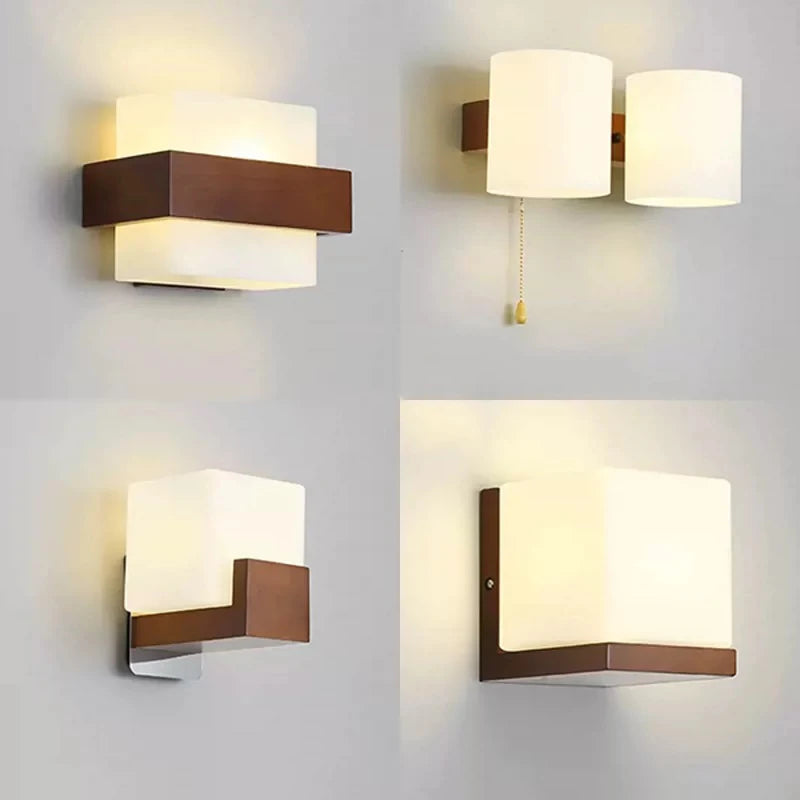 Walnut color wood wall lamp led e27 bulb bedroom bedside light for living room study stair corridor entrance indoor