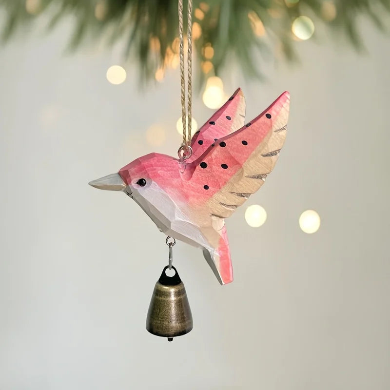 Hand-carved wooden hummingbird figurine with bell handmade bird art carved small animal garden statue mini wildlife