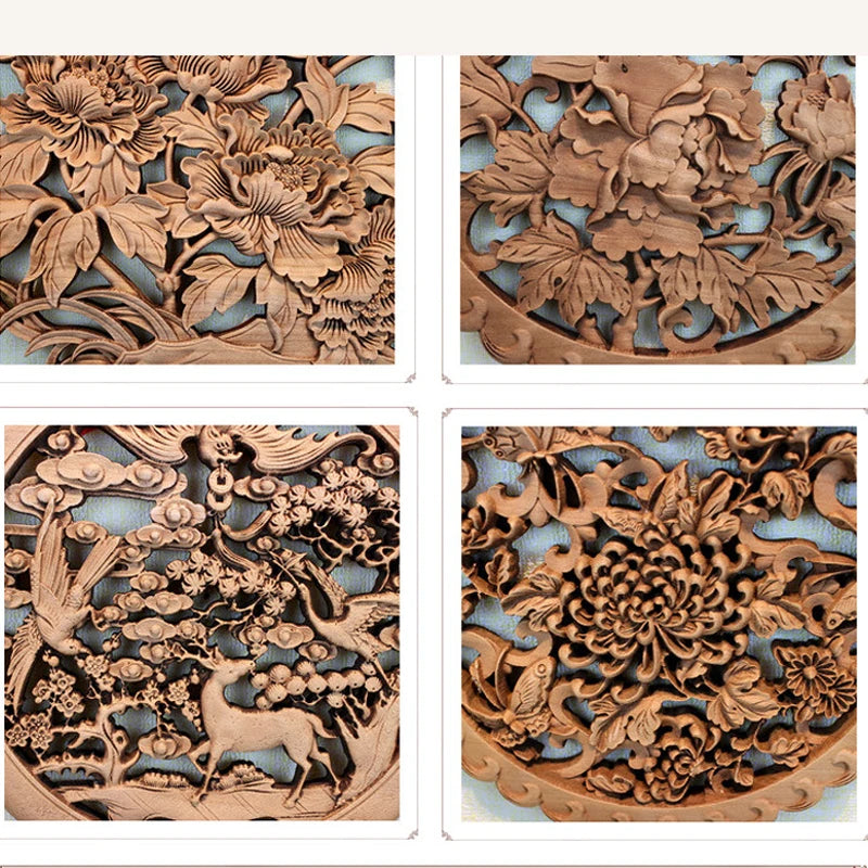 Chinese style wooden wall art camphor wood carving round floral bird decor for living room & bedroom decoration