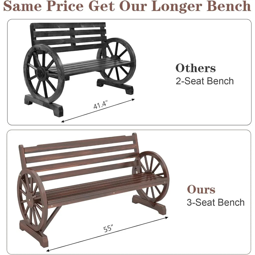 Rustic wooden wagon wheel 3-person patio bench with backrest for outdoor backyard furniture - style1 / united states
