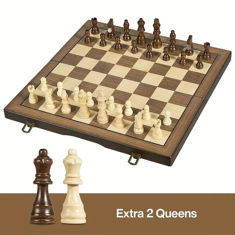 39.3cm/15.47inch magnetic wooden chess set with 2 additional queens folding portable travel board suitable