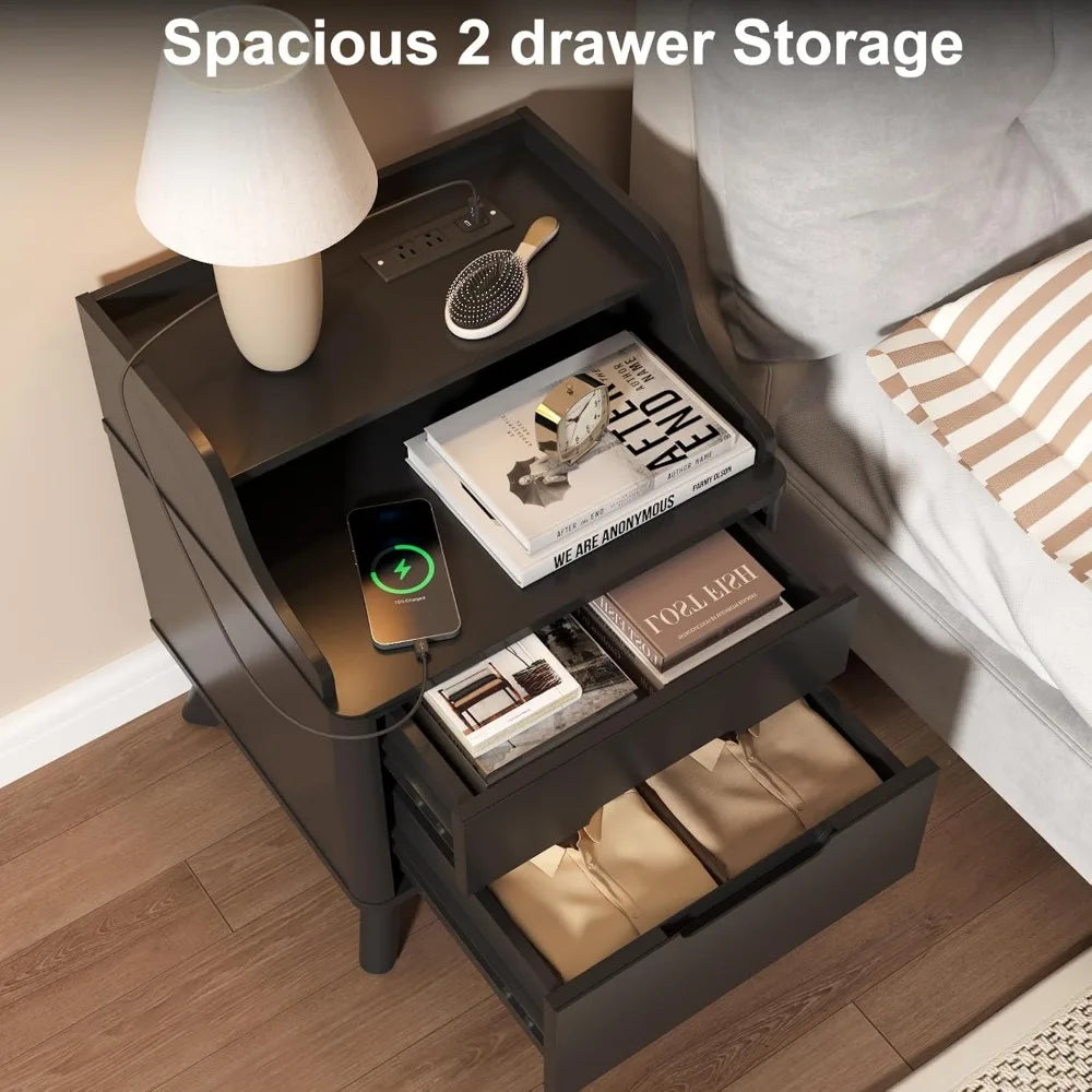 Nightstand with charging station 21’’ tall w/2 storage drawers wood night stand hidden handle 17’’ wide modern