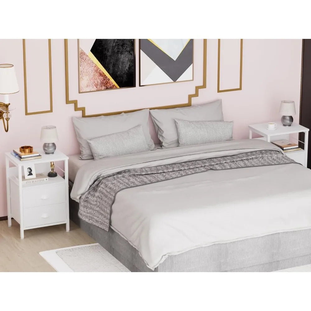 Nightstands set 2 end table with fabric drawers bedside hooks open wood shelf side sofa for bedroom