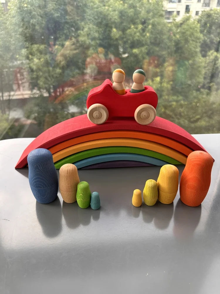 Wood montessori toys rainbow stacking bridge cars matryoshka dolls forest trees for kids educational blocks play - game