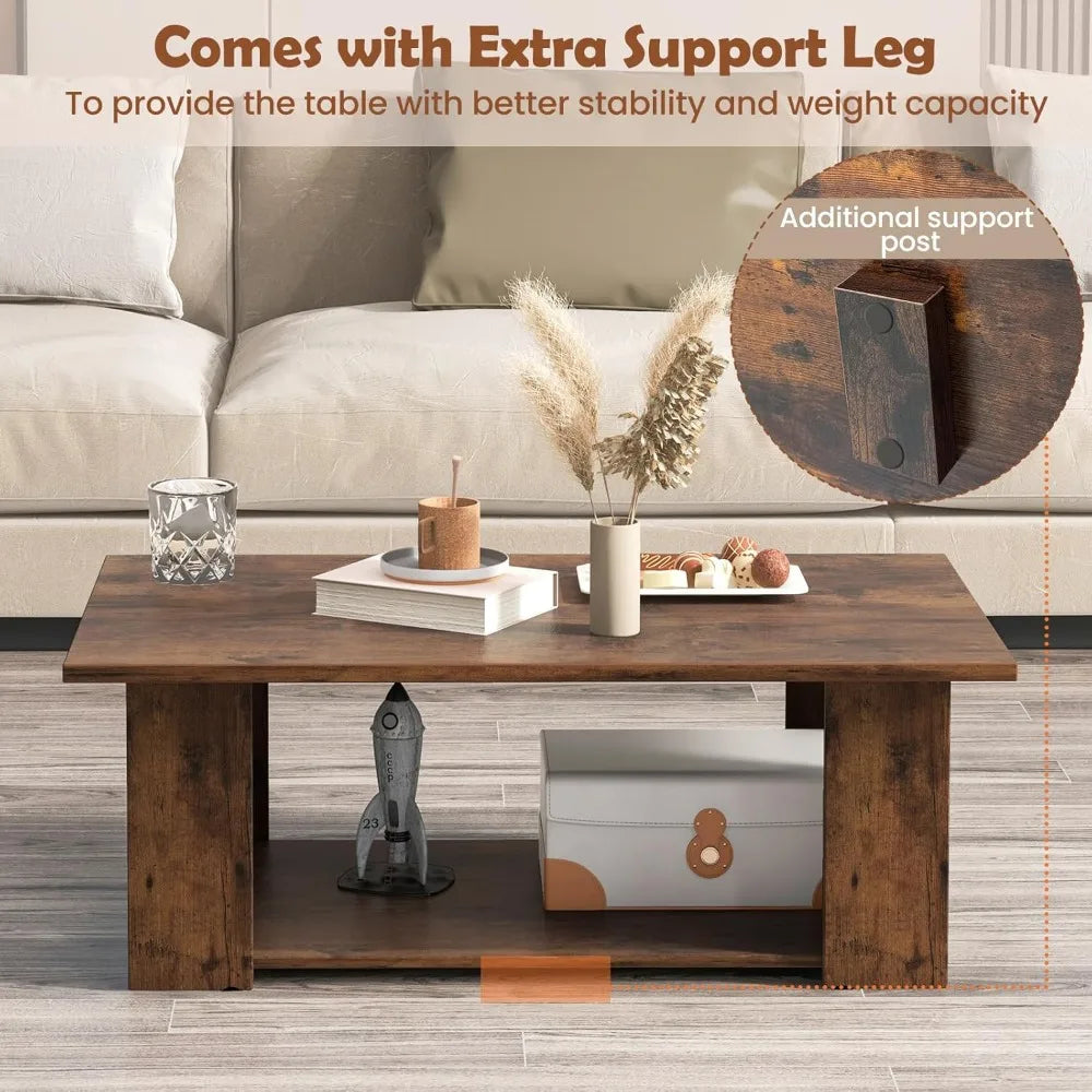 Rectangle wood center table 41’’ l 2-tier large modern tea w/open compartment easy assembly accent coffee