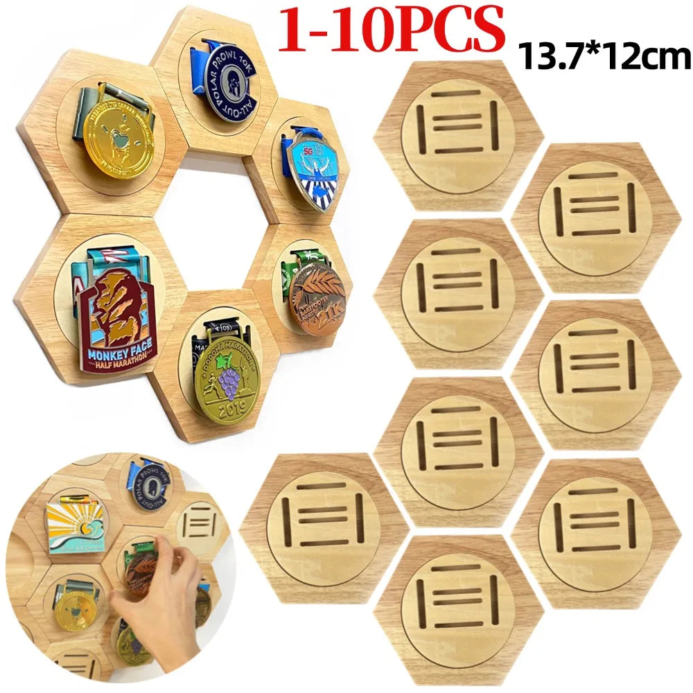 1-10pcs wooden medal display racks hexagonal honeycomb combination holder honor commemorative home wall decoration