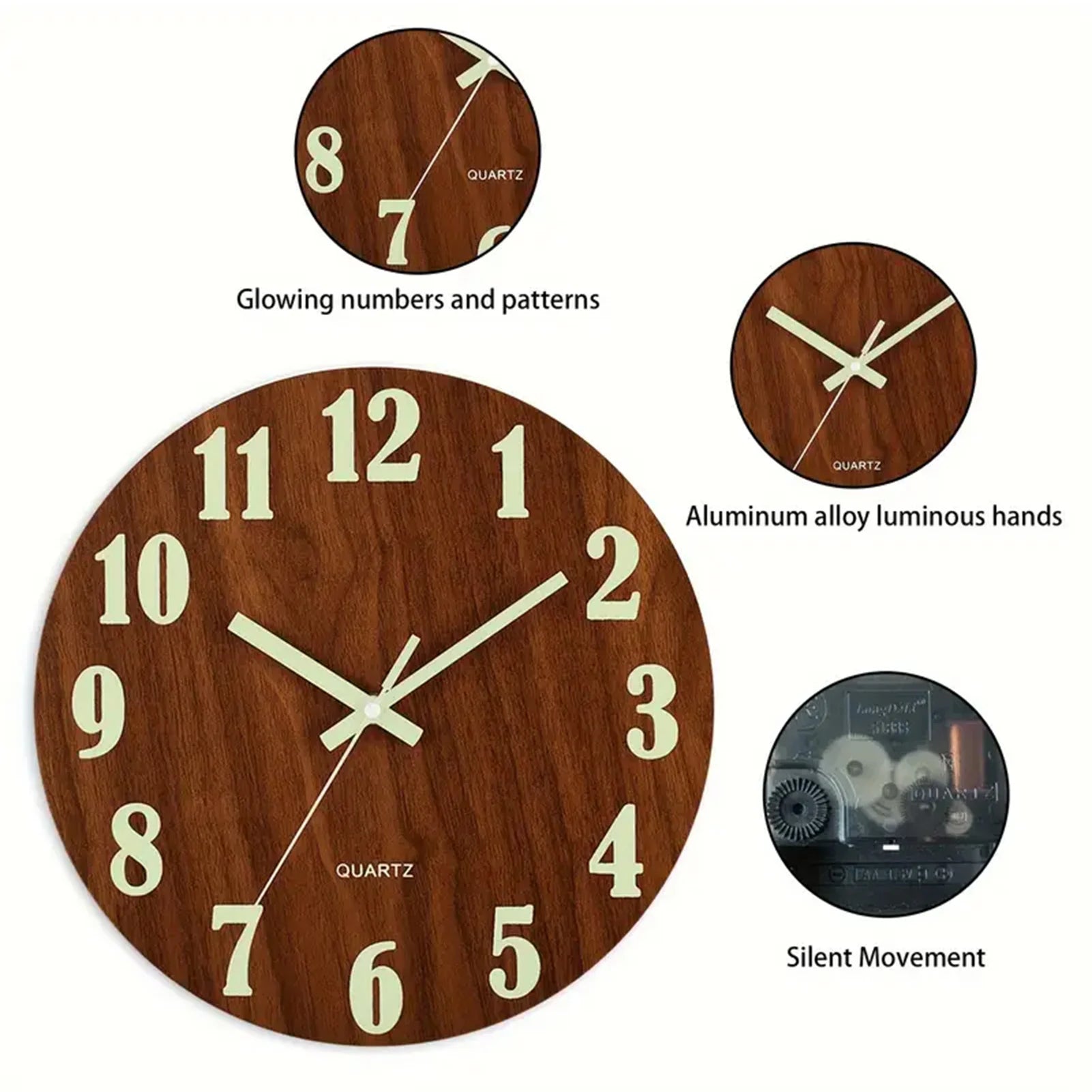 12 inch wooden simple luminous wall clock silent non ticking analog decoration for living room bedroom office decor