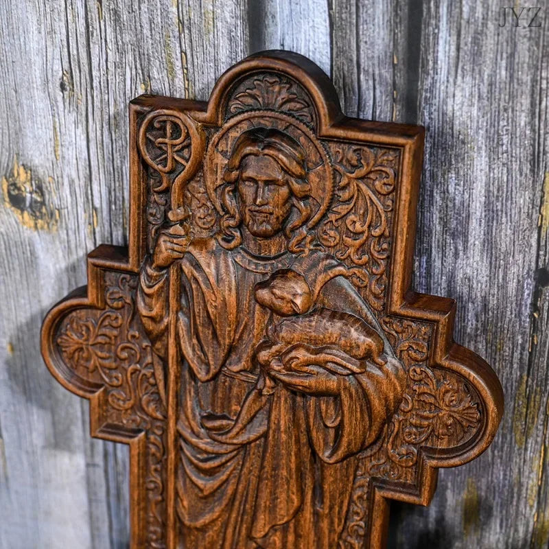 Wood carving jesus shepherd icon sculpture,plaque catholic home wall decor - religious (christian)