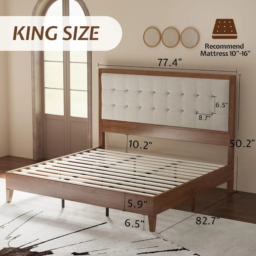 Walnut king-size solid wood bed frame with tall upholstered tufted headboard no box spring required - united states