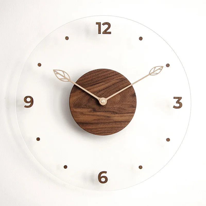 Simple nordic black walnut wooden wall clock creative solid acrylic glass home living room decorative - 16 inches (40cm)