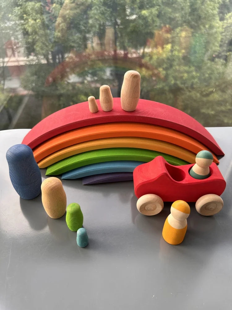 Wood montessori toys rainbow stacking bridge cars matryoshka dolls forest trees for kids educational blocks play - game
