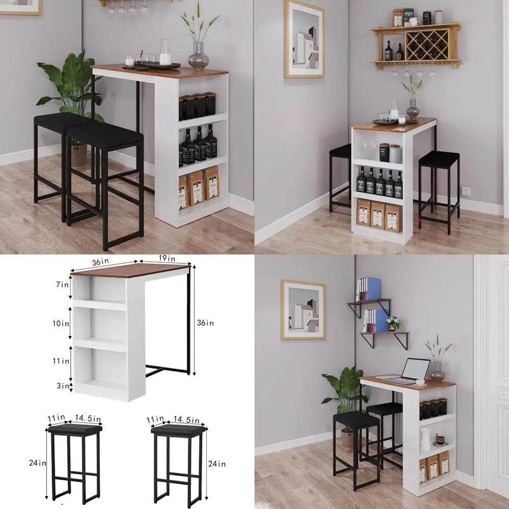 3-piece wooden dining set with storage & counter height kitchen table for 2