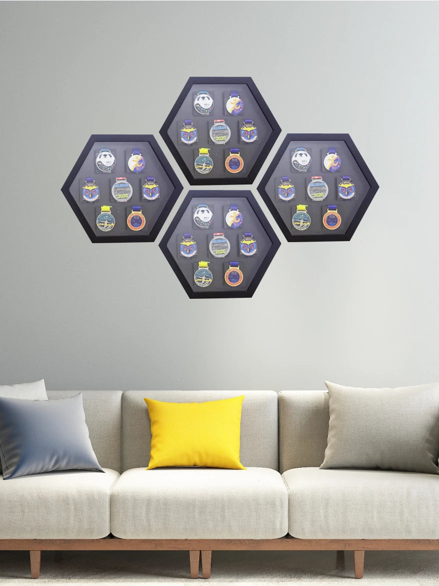 Wooden hexagonal medals frames for marathon display wall mounted picture sports football running swimming