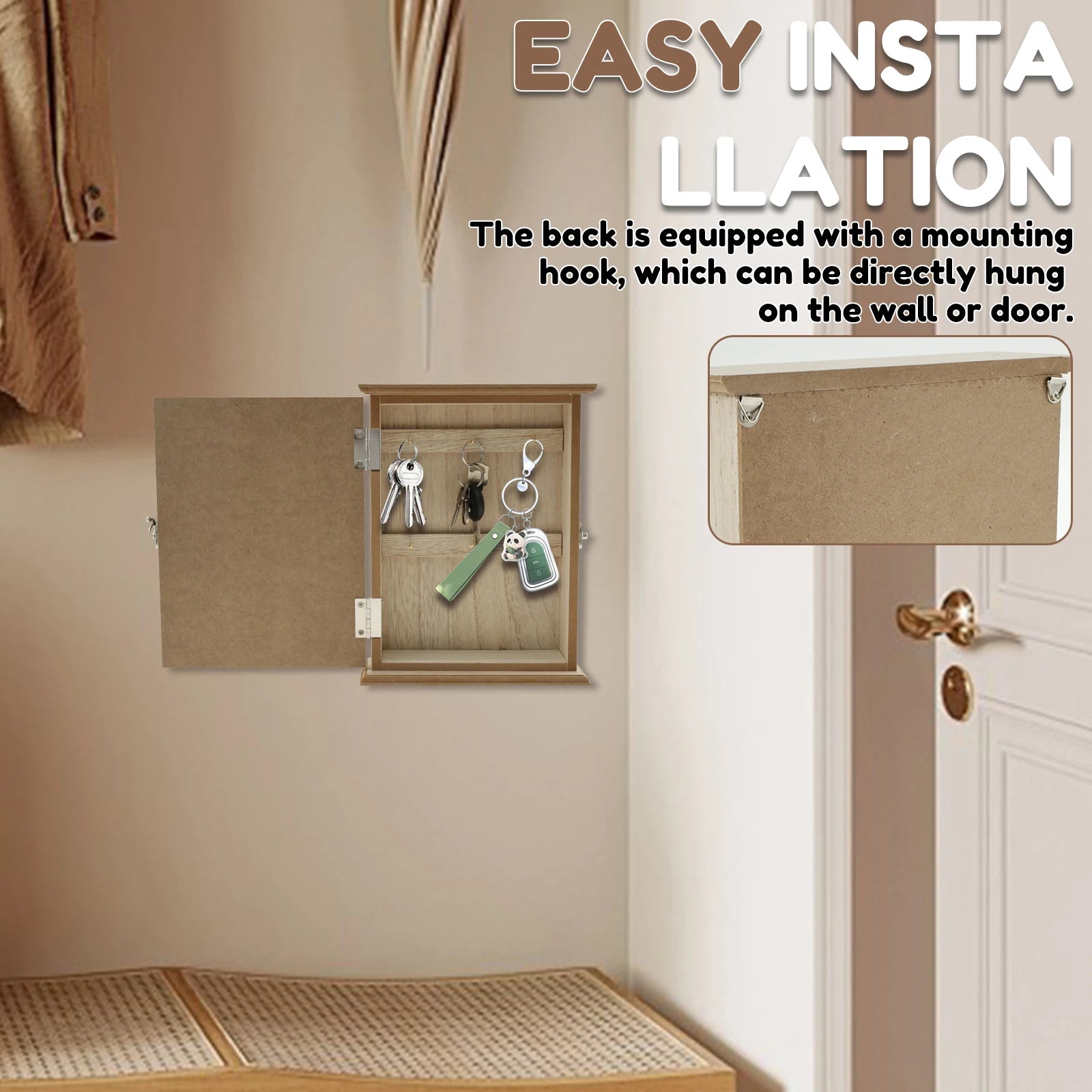 Wood key cabinet box wall mount vintage rack decorative holder with inner hooks storage for home office entrance