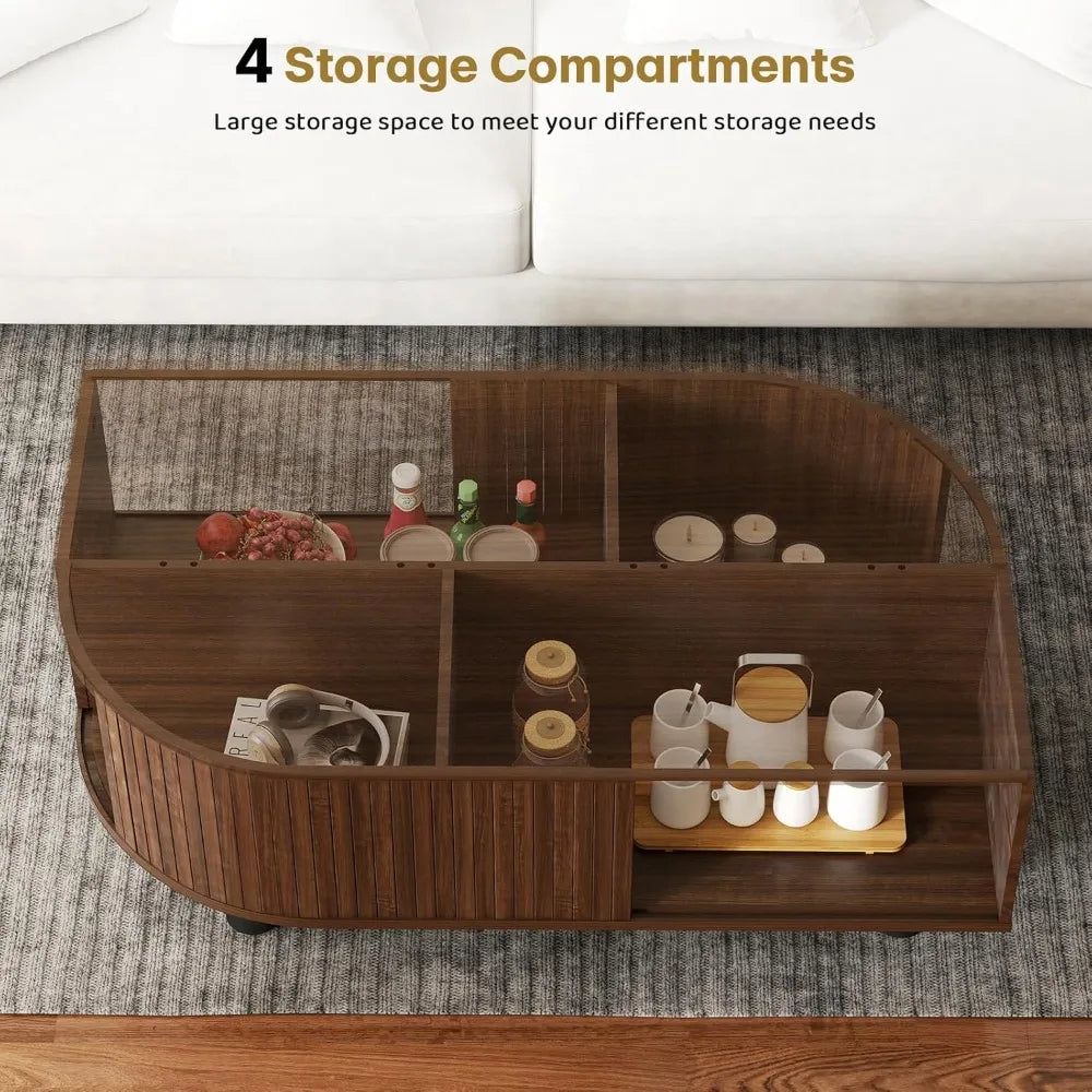 39’’ mid-century leaf coffee table wood storage center w/ fluted sliding door