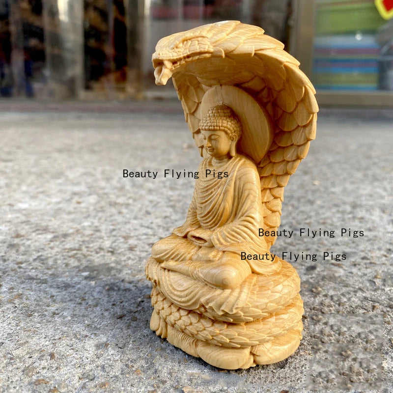 1pc snake buddha statue cliff cypress wood carving protecting figurine living room ornaments home interior decor - h