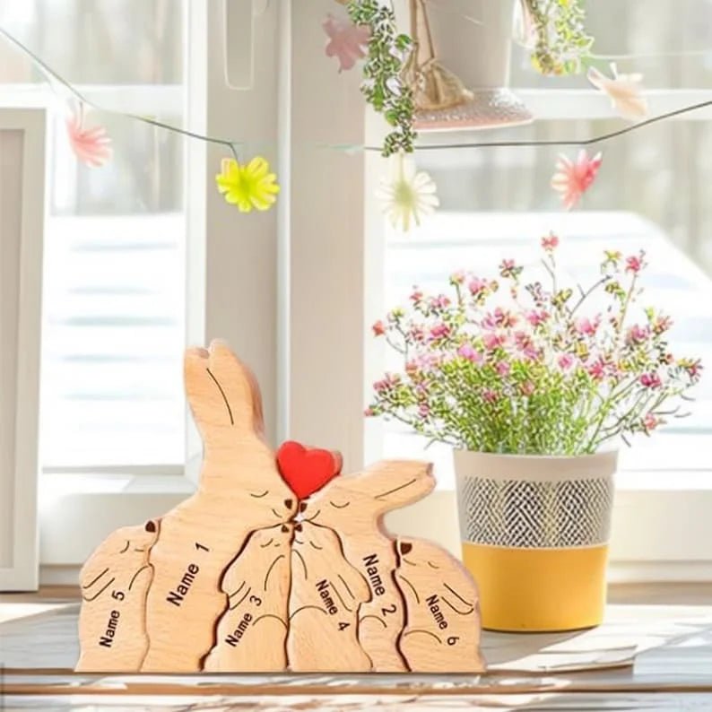 Personalized wooden bunny puzzle family name custom sculpture gift for christmas unique decor mom - 6 rabbits