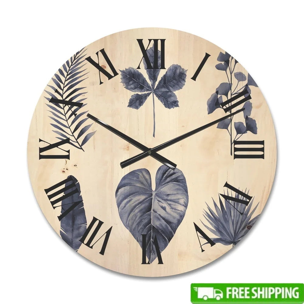 Traditional wood wall clock abstract plant leaves blue art ready to hang unique design home office decor battery